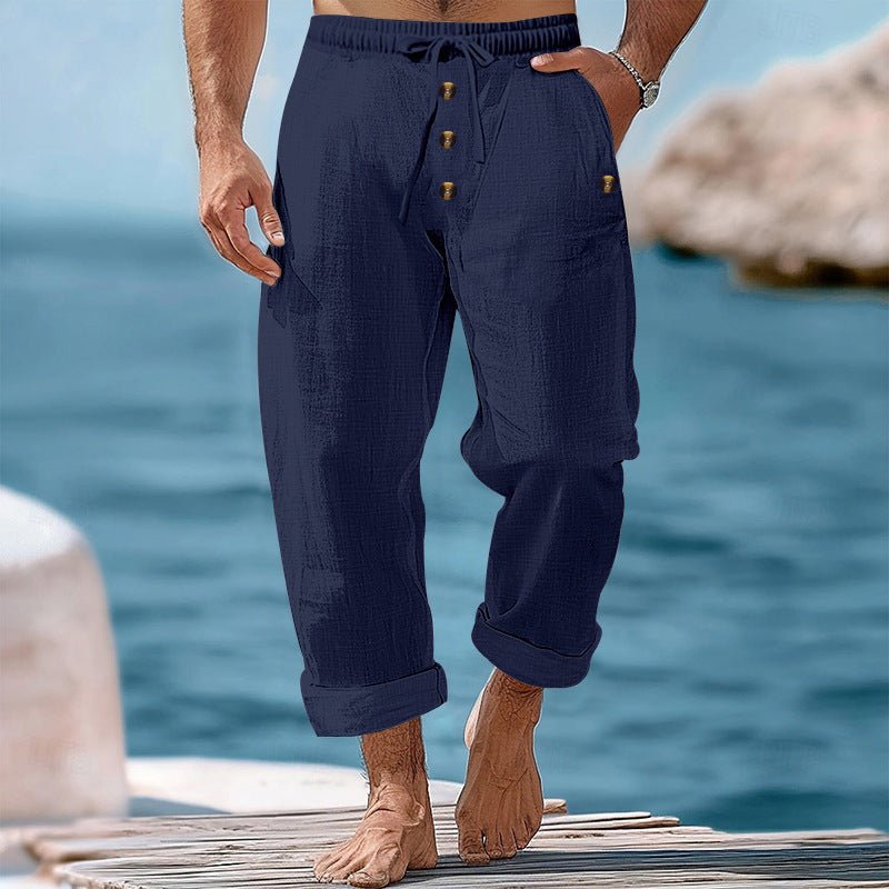 American Beach Pants Solid Color Cotton Linen Loose Drawstring Button Casual Trousers Men - PrimeMalePrimeMalePrimeMale
