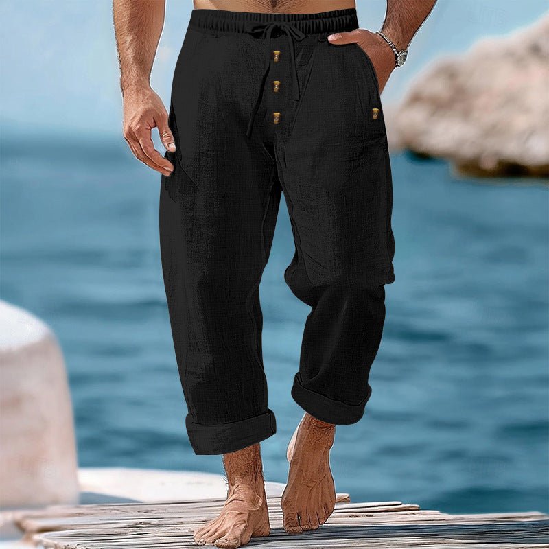 American Beach Pants Solid Color Cotton Linen Loose Drawstring Button Casual Trousers Men - PrimeMalePrimeMalePrimeMale