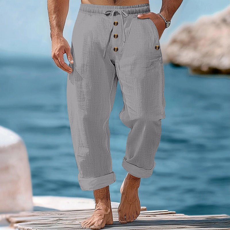 American Beach Pants Solid Color Cotton Linen Loose Drawstring Button Casual Trousers Men - PrimeMalePrimeMalePrimeMale
