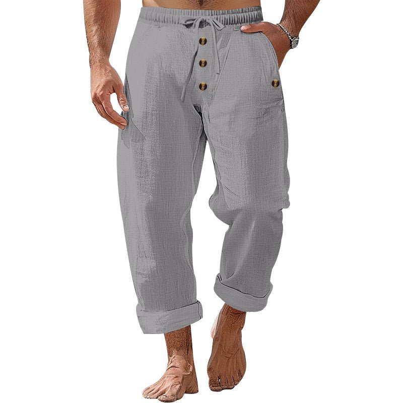 American Beach Pants Solid Color Cotton Linen Loose Drawstring Button Casual Trousers Men - PrimeMalePrimeMalePrimeMale