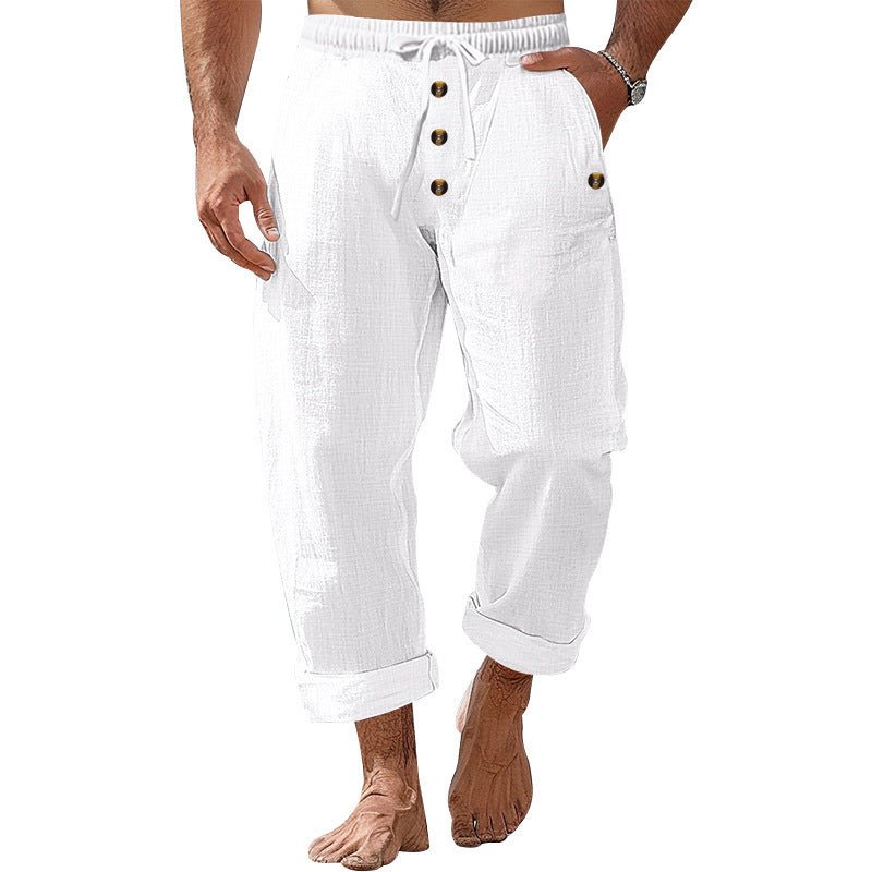 American Beach Pants Solid Color Cotton Linen Loose Drawstring Button Casual Trousers Men - PrimeMalePrimeMalePrimeMale