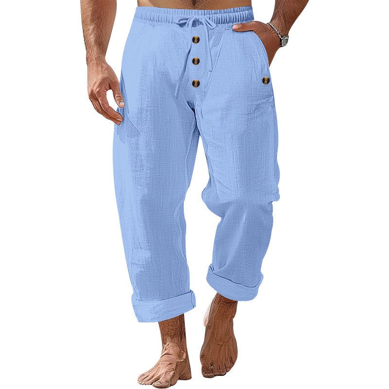 American Beach Pants Solid Color Cotton Linen Loose Drawstring Button Casual Trousers Men - PrimeMalePrimeMalePrimeMale