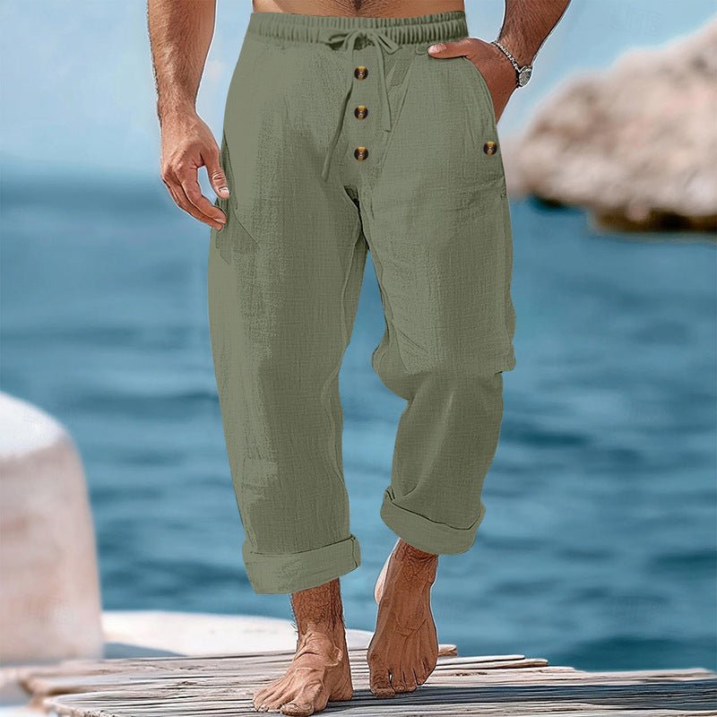 American Beach Pants Solid Color Cotton Linen Loose Drawstring Button Casual Trousers Men - PrimeMalePrimeMalePrimeMale