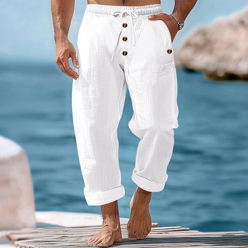 American Beach Pants Solid Color Cotton Linen Loose Drawstring Button Casual Trousers Men - PrimeMalePrimeMalePrimeMale