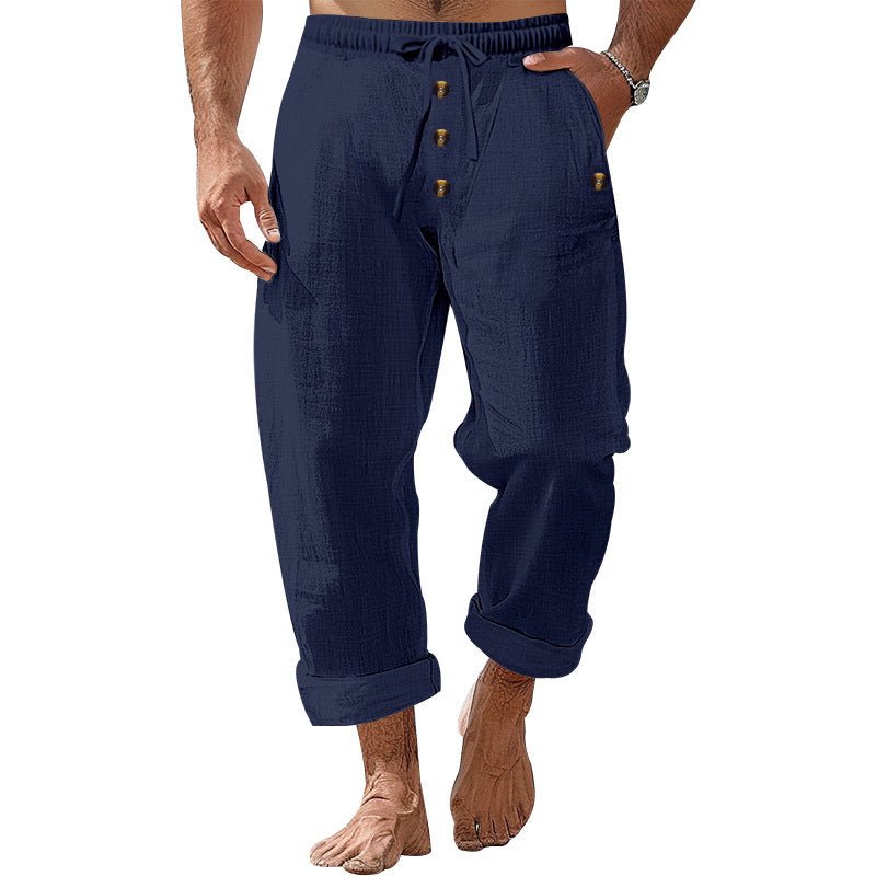 American Beach Pants Solid Color Cotton Linen Loose Drawstring Button Casual Trousers Men - PrimeMalePrimeMalePrimeMale