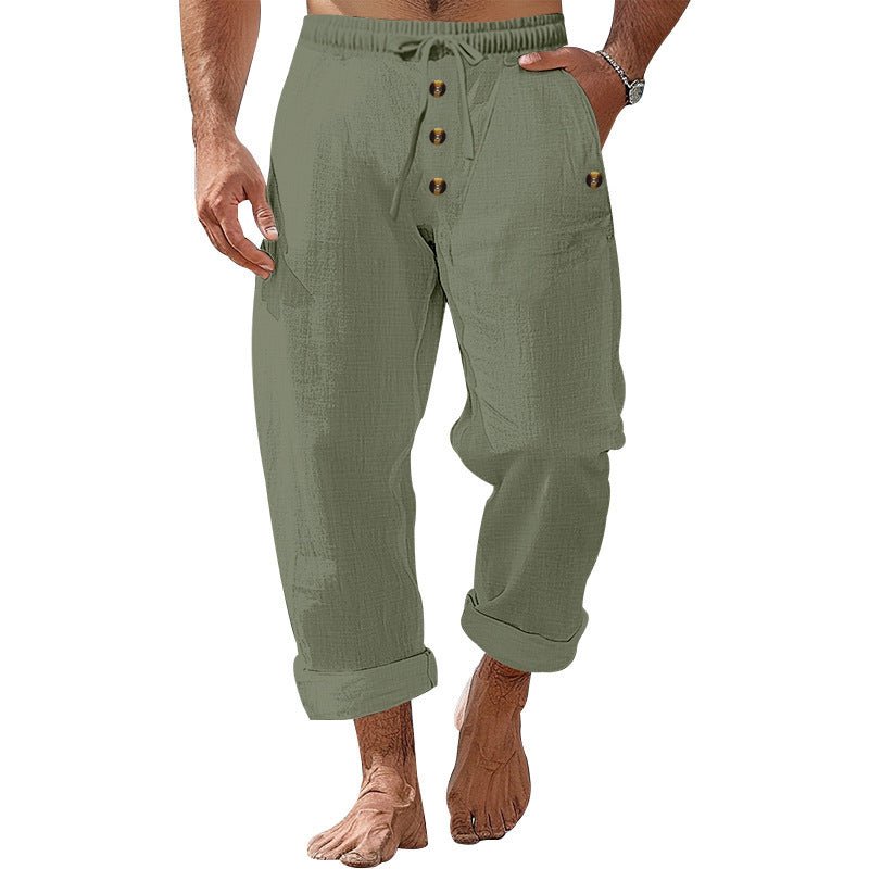 American Beach Pants Solid Color Cotton Linen Loose Drawstring Button Casual Trousers Men - PrimeMalePrimeMalePrimeMale