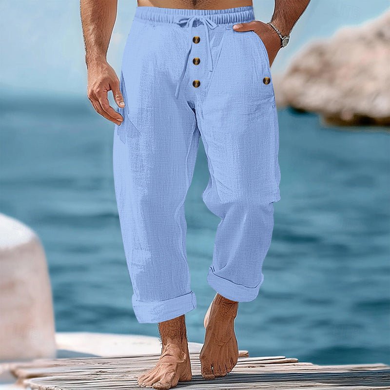 American Beach Pants Solid Color Cotton Linen Loose Drawstring Button Casual Trousers Men - PrimeMalePrimeMalePrimeMale