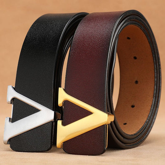 Factory Direct Sales Retro Smooth Genuine Leather Pure Cowhide Letter V Pants Belt - PrimeMalePrimeMalePrimeMale