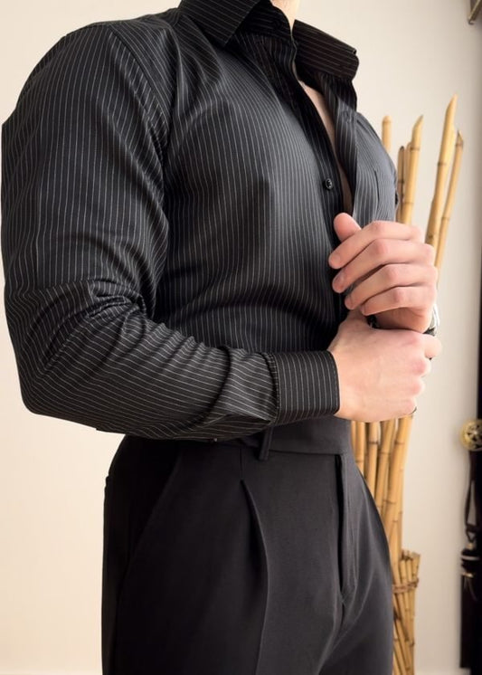 Men's Striped Long Sleeve Shirt - Black - PrimeMalePrimeMalePrimeMale